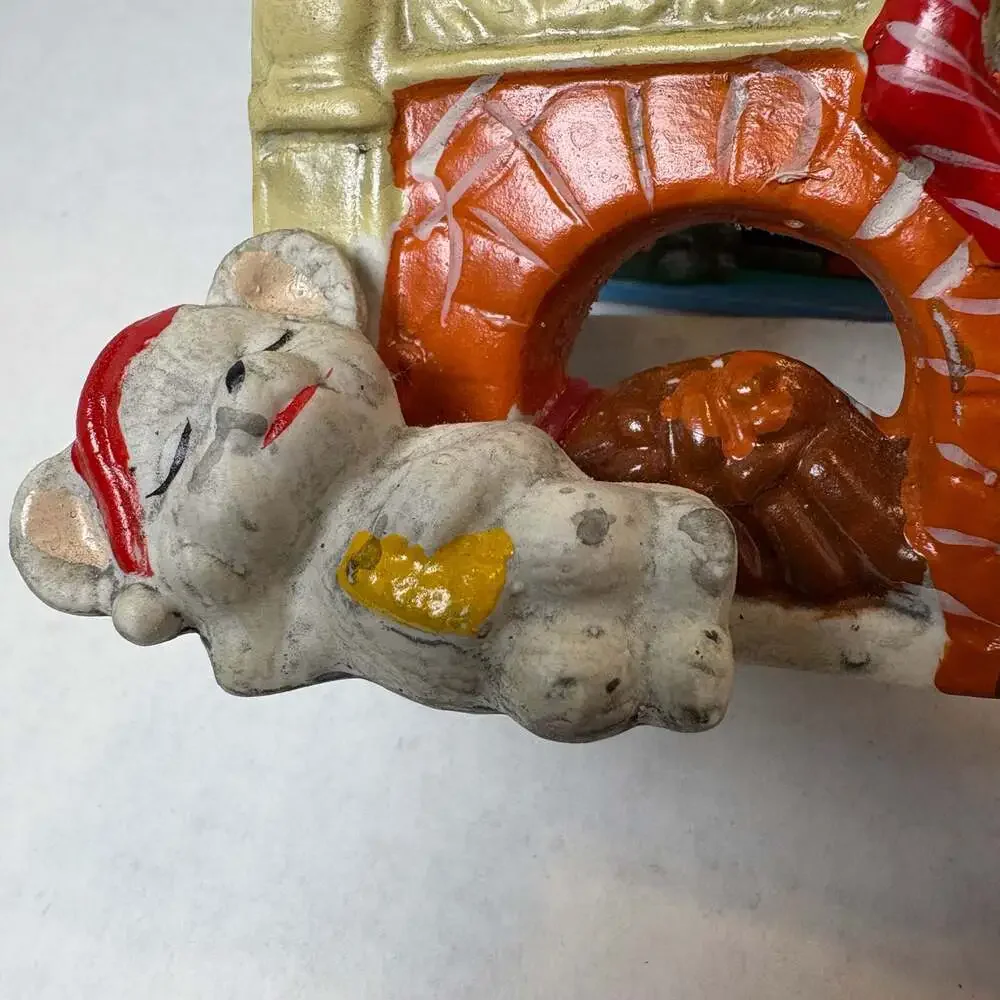 Vintage Ceramic Christmas Candle Holder sleeping Mouse by Fireplace with Box